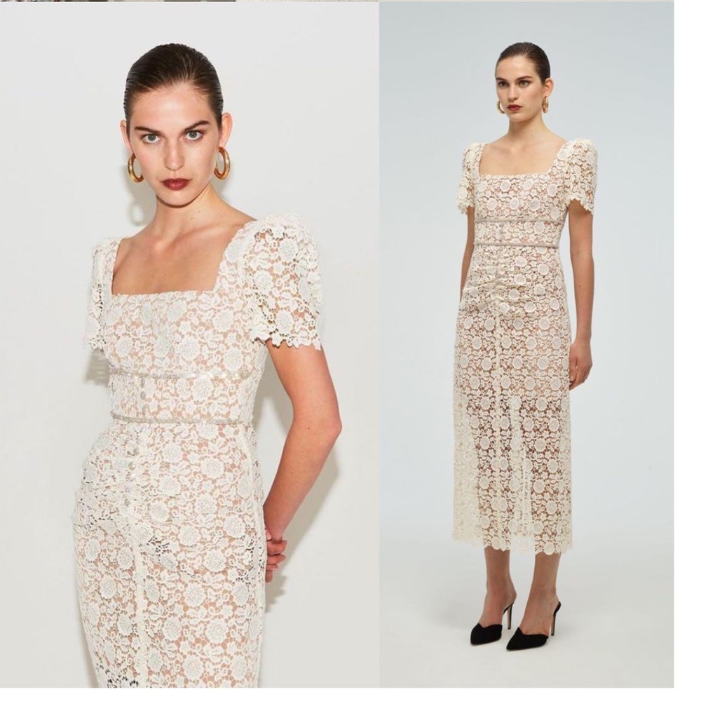 Self Portrait Ivory Guipure Lace Fitted Midi Dress
Size 4